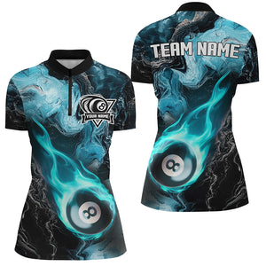 Turquoise 8 Ball Pool Fire Flame Abstract Pattern Custom Women Billiard Shirts, Billiard Team Jerseys TDM2669