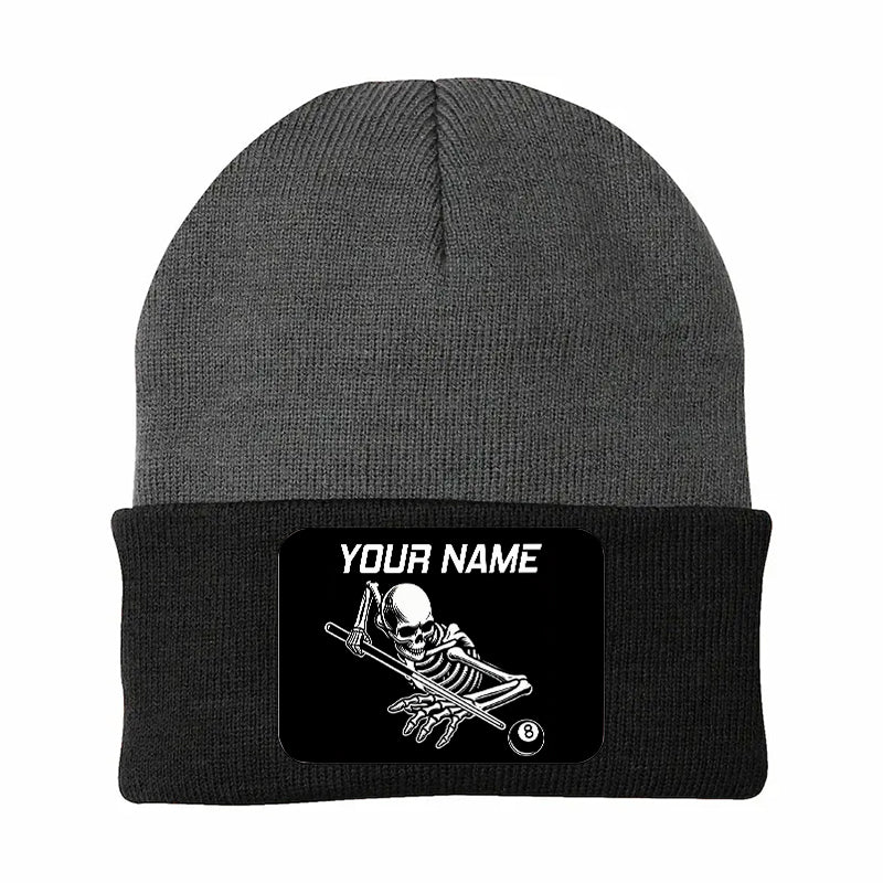 Personalized Skull 8 Ball Billiard Knit Beanie Hat With Rectangle Patch Custom Billiard Knit Cap TDM4940