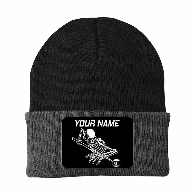 Personalized Skull 9 Ball Billiard Knit Beanie Hat With Rectangle Patch Custom Billiard Knit Cap TDM4941