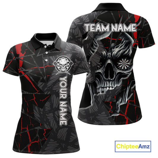 Personalized Skull Black Grunge Darts Polo & Quarter Zip For Women Custom Darts Team Jersey |Red TDM5378