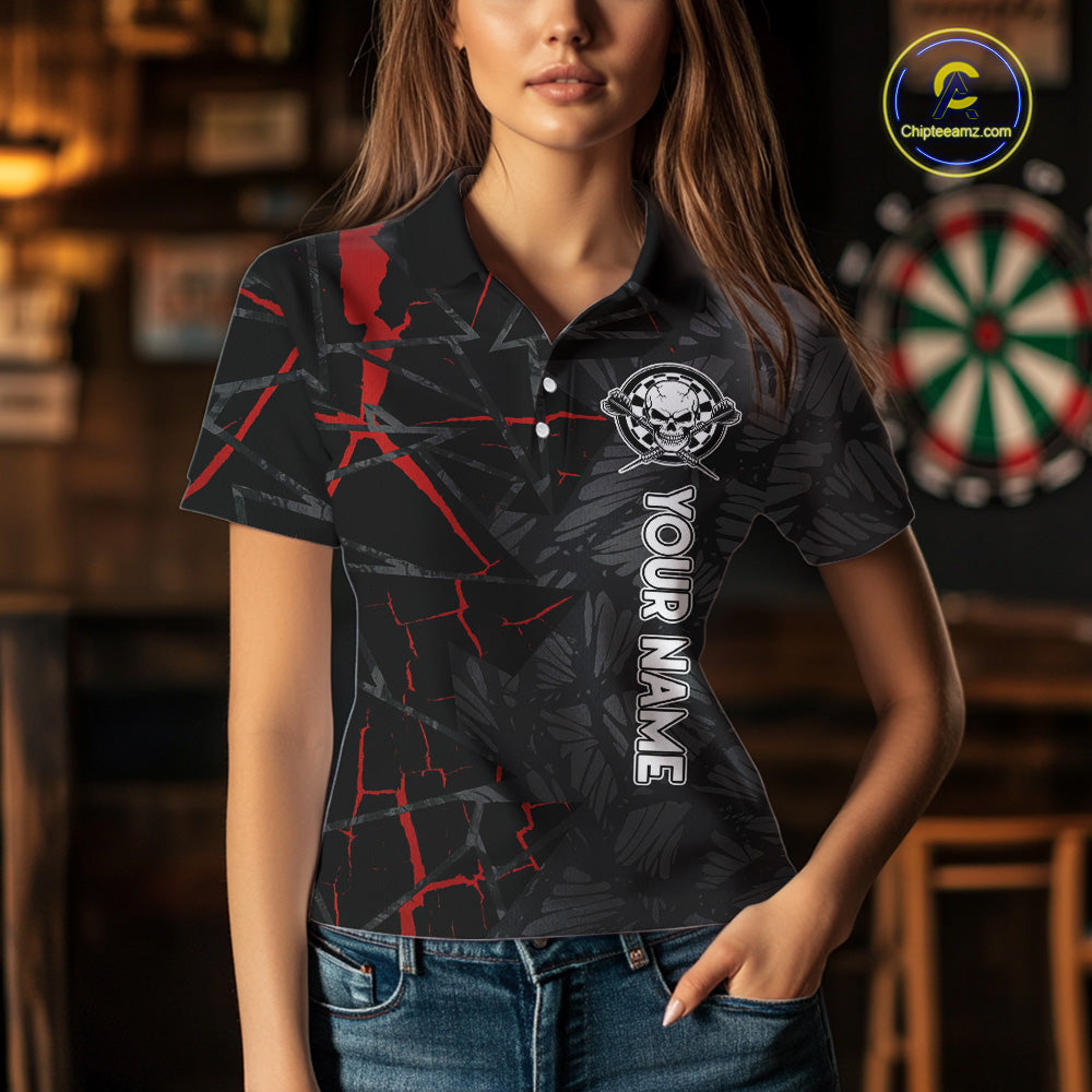 Personalized Skull Black Grunge Darts Polo & Quarter Zip For Women Custom Darts Team Jersey |Red TDM5378