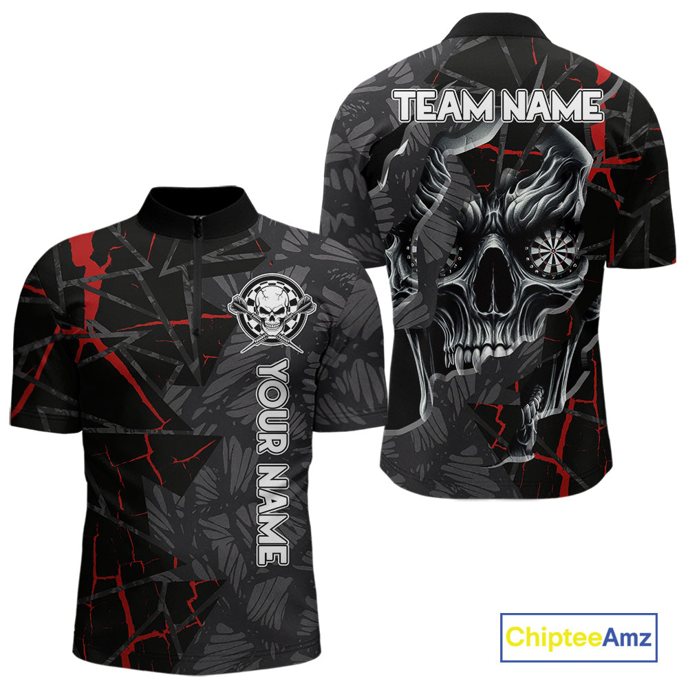 Personalized Skull Black Grunge Darts Polo & Quarter Zip For Men Custom Darts Team Jersey |Red TDM5378