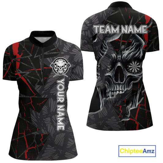 Personalized Skull Black Grunge Darts Polo & Quarter Zip For Women Custom Darts Team Jersey |Red TDM5378