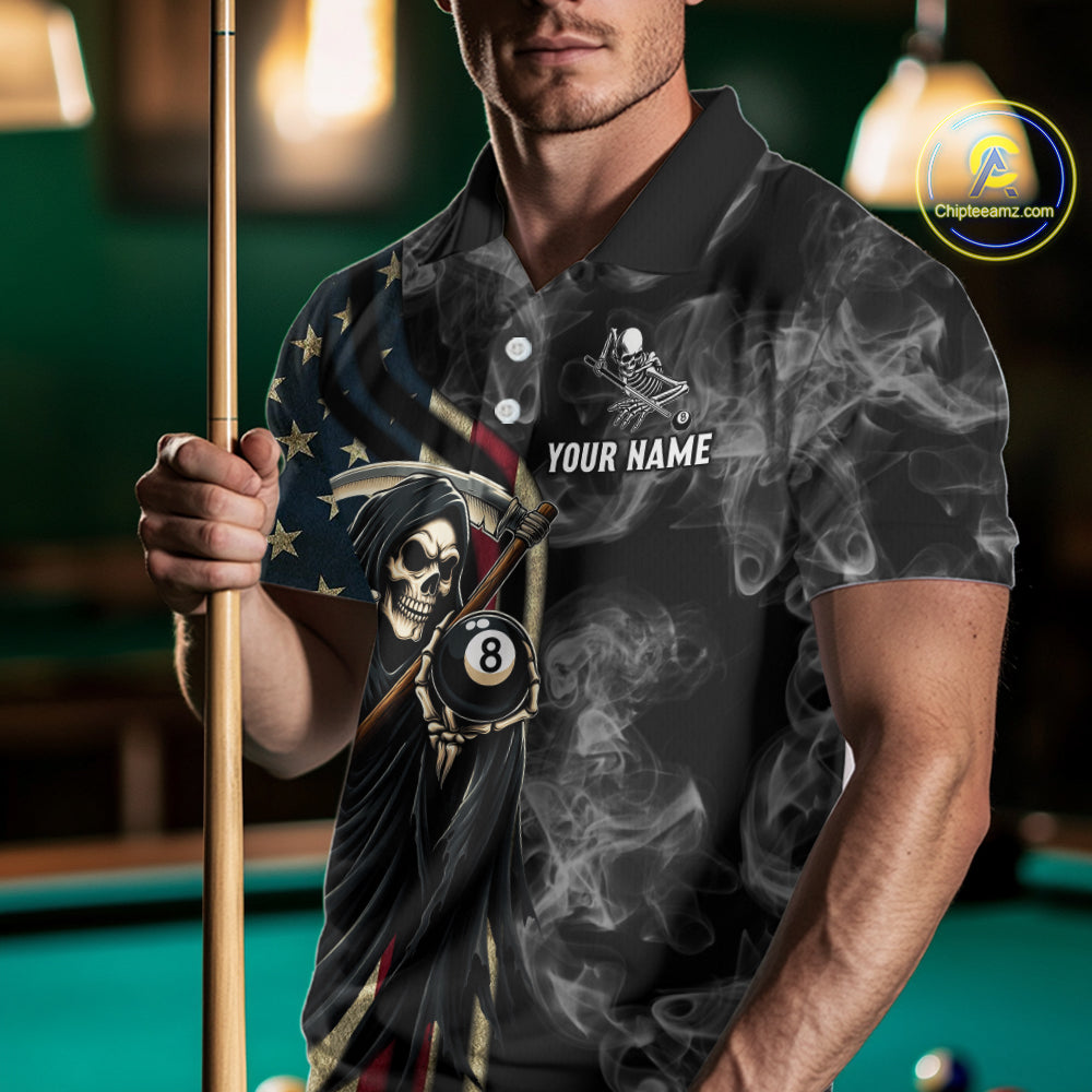US Flag Grim Reaper Smoke Billiard Shirt For Men Custom 8 Ball Pool Team Jersey Polo & 1/4 Zip TDM6258