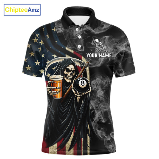 US Flag Grim Reaper Smoke Billiard Shirt For Men Custom 8 Ball Pool Team Jersey Polo & 1/4 Zip TDM6258
