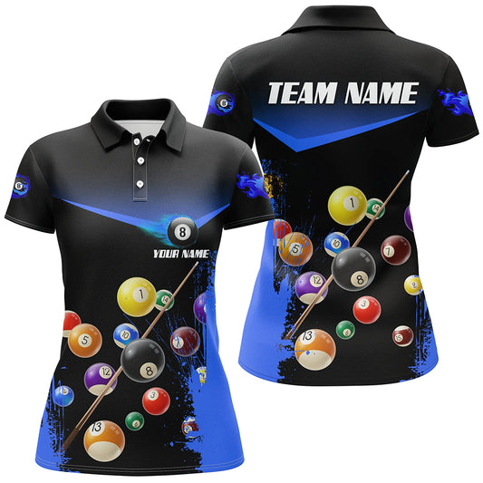 Custom Grunge Blue 8 Ball Pool Women Polo Shirts Personalized Name 3D Billiard Shirts For Pooler TDM0305