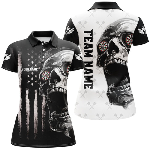 Black White Retro US Flag Skull Darts Polo & Quarter Zip Custom Darts Shirts For Women Darts Jerseys TDM2679