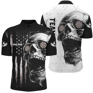 Black White Retro US Flag Skull Darts Polo & Quarter Zip Custom Darts Shirts For Men Darts Jerseys TDM2679