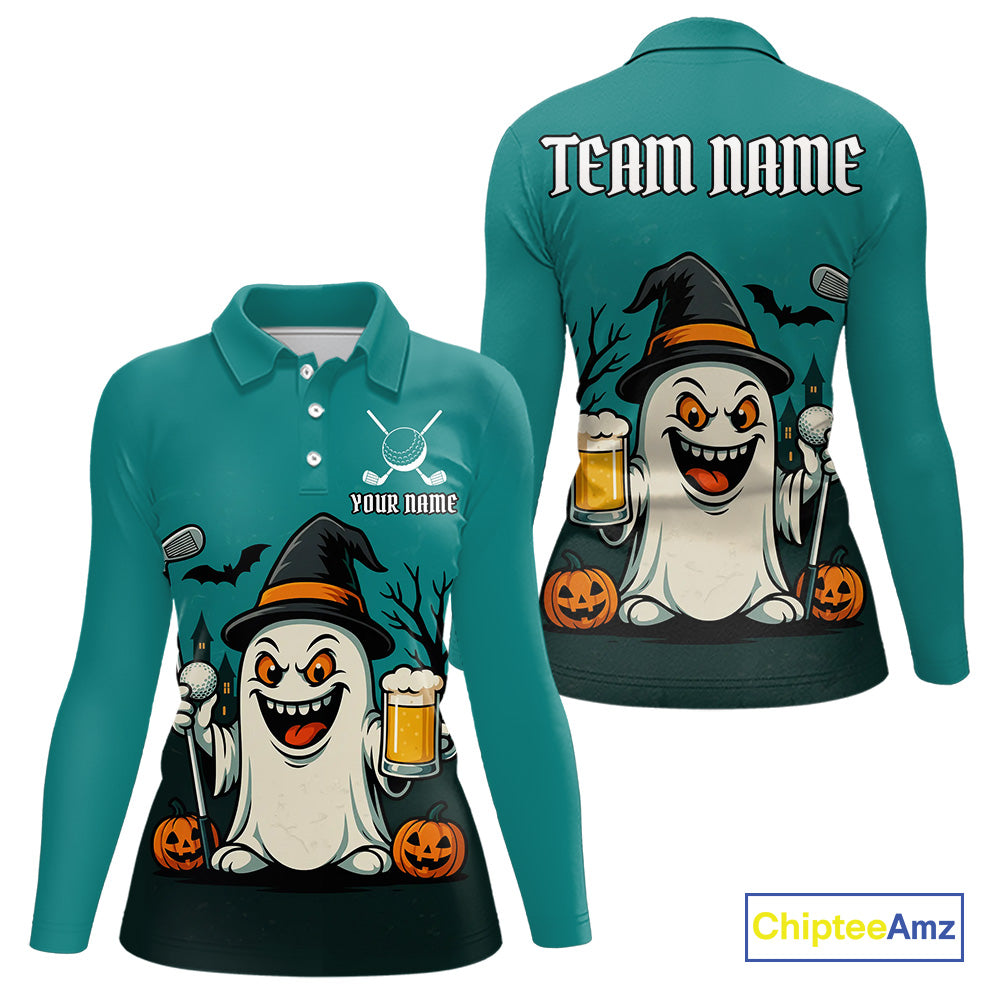 Funny Ghostly Beer Halloween Golf Polo Shirt For Women Custom Halloween Ladies Golf Outfit TDM4944