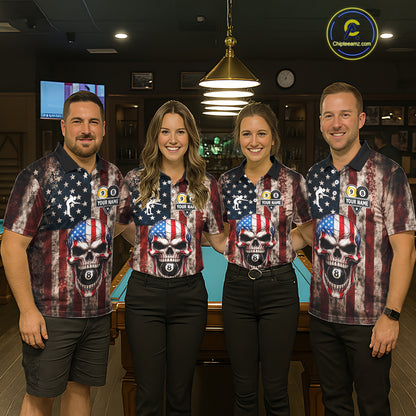 Vintage American Flag Skull 8 Ball 9 Ball Billiard Shirt For Women Custom Patriotic Pool Team Jersey TDM5656