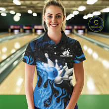 Load image into Gallery viewer, Blue Flaming Bowling Jersey For Women Custom Fire Bowling Pin Team Jersey Polo &amp; Quarter Zip Shirts TDM6267