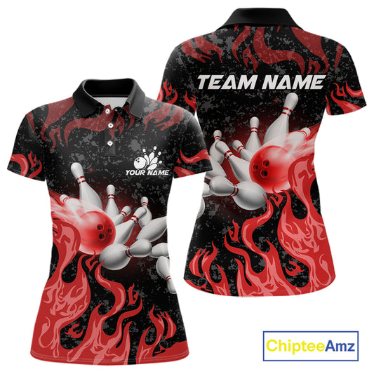 Red Flaming Bowling Jersey For Women Custom Fire Bowling Pin Team Jersey Polo & Quarter Zip Shirts TDM6268