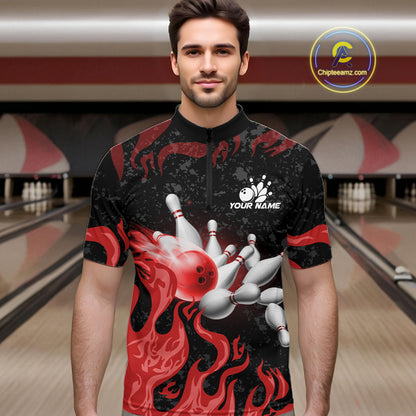 Red Flaming Bowling Jersey For Men Custom Fire Bowling Pin Team Jersey Polo & Quarter Zip Shirts TDM6268