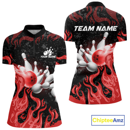 Red Flaming Bowling Jersey For Women Custom Fire Bowling Pin Team Jersey Polo & Quarter Zip Shirts TDM6268