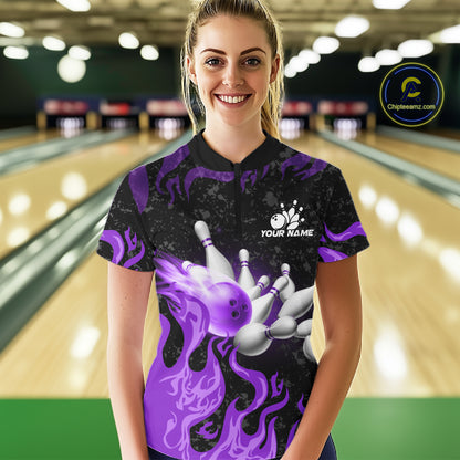 Purple Flaming Bowling Jersey For Women Custom Fire Bowling Pin Team Jersey Polo & Quarter Zip TDM6269