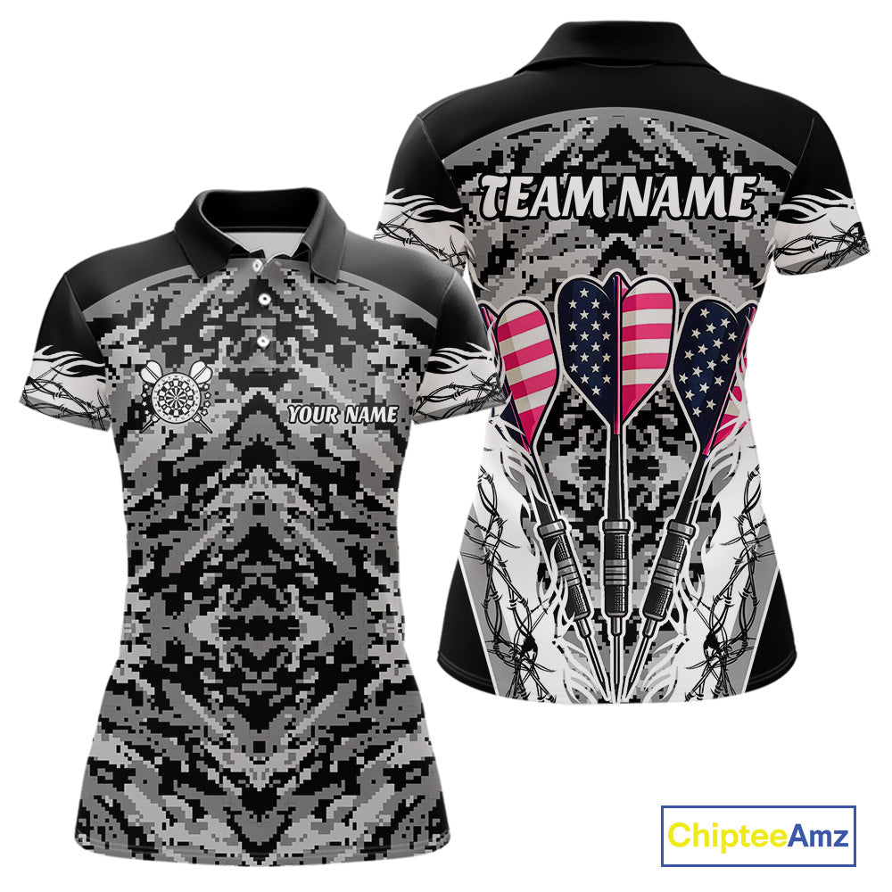 White Black Grunge Camo Funny US Flag Arrows Darts Shirt For Women Custom Darts Jersey Team Shirts TDM4525