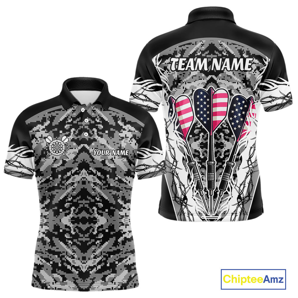 White Black Grunge Camo Funny US Flag Arrows Darts Shirt For Men Custom Darts Jersey Team Shirts TDM4525