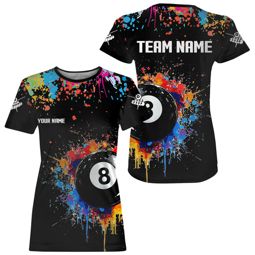 Funny 8 Ball Pool Colorful Paint Splash Custom Women Billiard T Shirt, Billiard Team Jersey | Black TDM3377