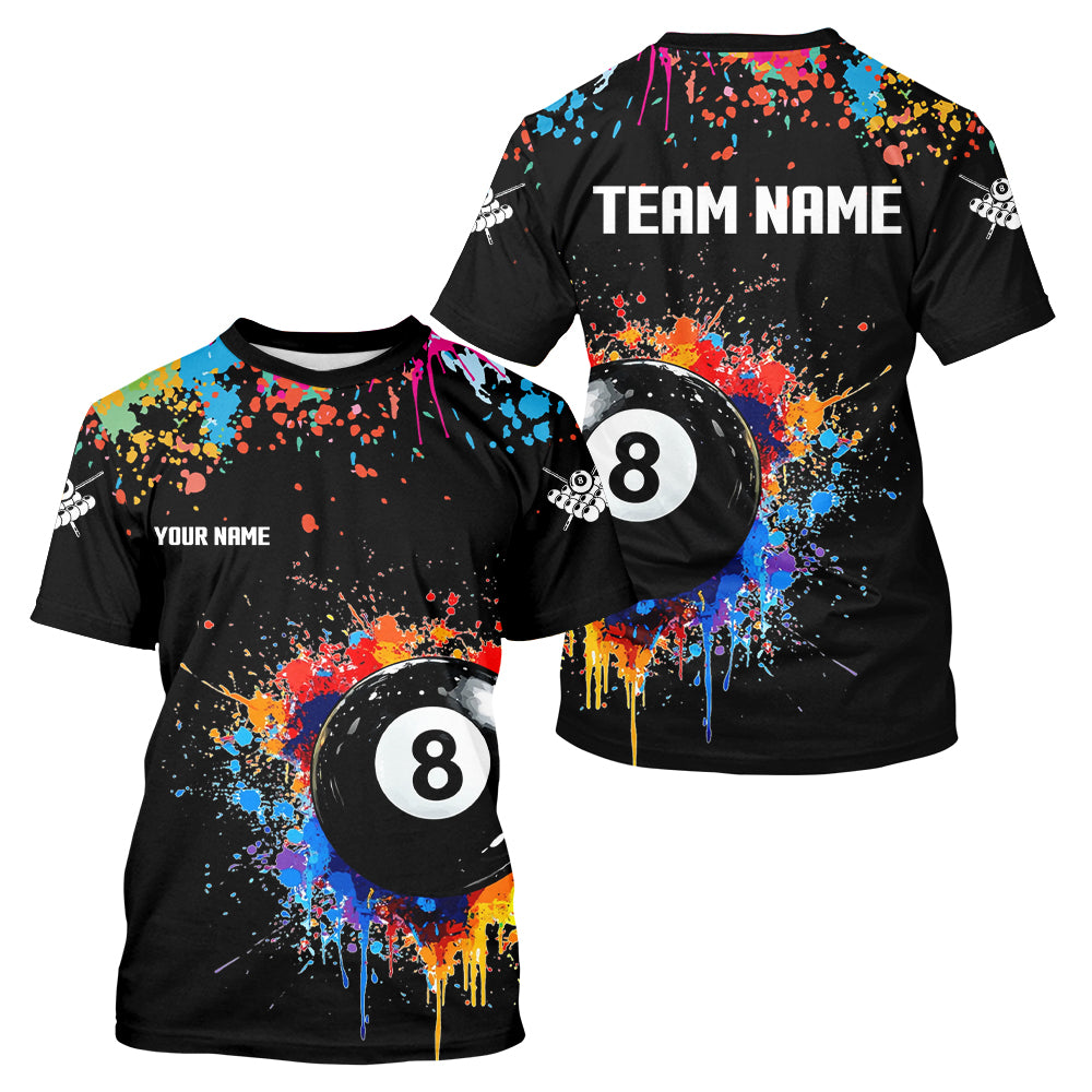 Funny 8 Ball Pool Colorful Paint Splash Custom Men Billiard T Shirt, Billiard Team Jersey | Black TDM3377