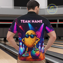 Load image into Gallery viewer, Man wearing personalized funny potato neon bowling team jersey quarter zip shirt featuring colorful neon potato artwork, back view.
