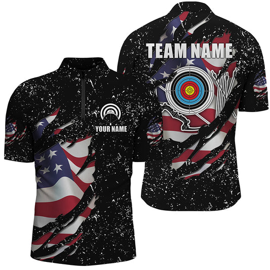 Grunge American Flag Archery Sets Men Quarter-Zip Shirts Custom Patriotic Archery Jersey TDM1388