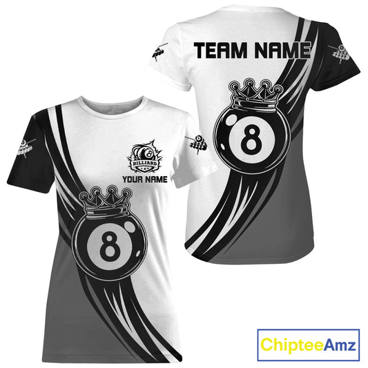 Personalized Black White 8 Ball Pool Crown Women’s Billiard T-Shirt, Billiard Jersey, Billiard Gift TDM1772