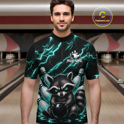 Man wearing a turquoise neon lightning raccoon bowling quarter zip jersey during league competition front view.