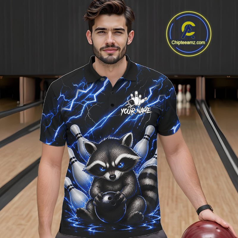 Man wearing a blue neon lightning raccoon bowling polo shirt at a bowling alley front view.
