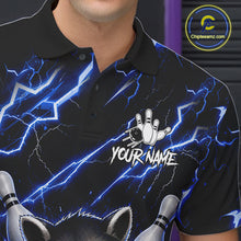 Load image into Gallery viewer, Close-up of a blue neon raccoon bowling polo shirt collar, buttons, and lightning artwork.