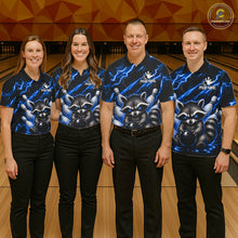 Load image into Gallery viewer, Bowling team wearing matching blue neon lightning raccoon bowling jerseys during tournament matches front view.