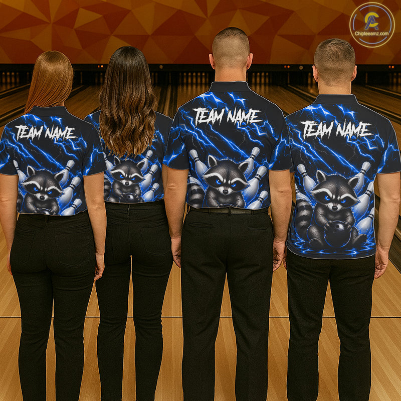Back view of bowling team wearing matching blue neon raccoon bowling shirts in a bowling alley.
