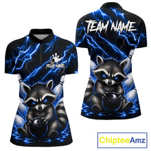 Load image into Gallery viewer, Blue neon lightning raccoon bowling quarter zip shirt for women designed for league tournaments and team events.
