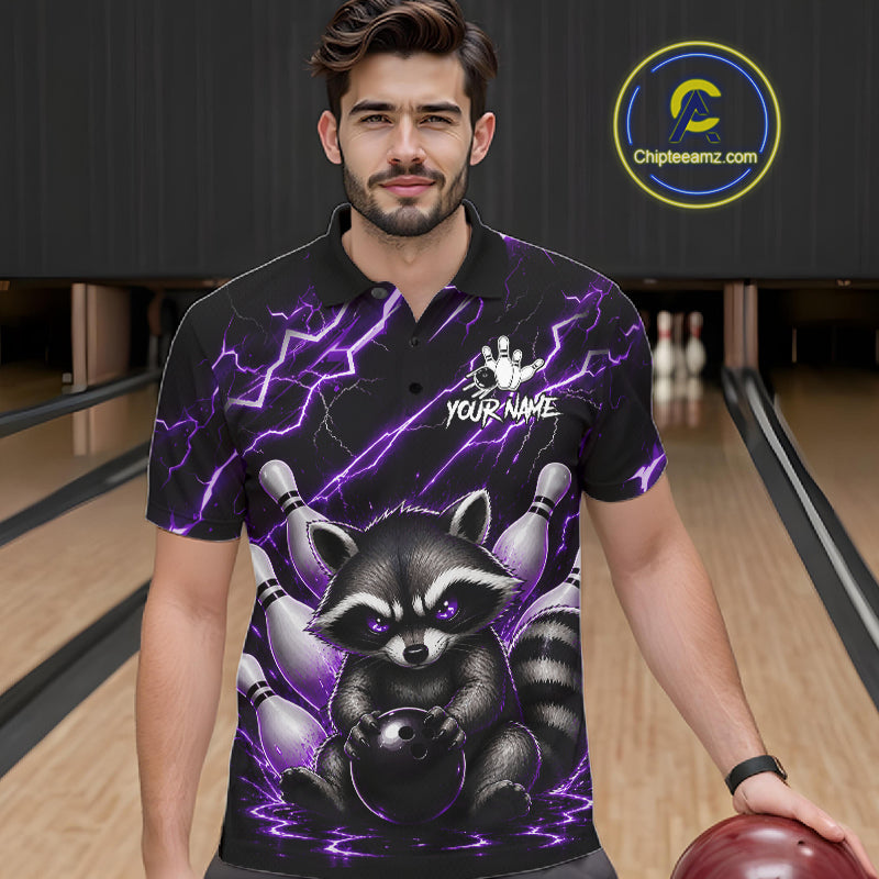 Man wearing a purple neon lightning raccoon bowling polo shirt at a bowling alley front view.