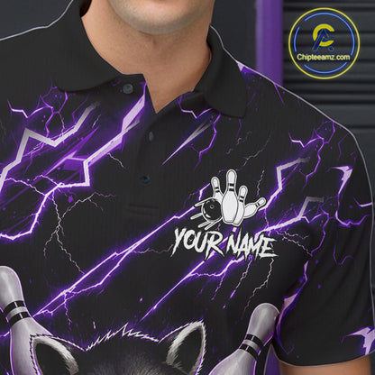Close-up of a purple neon raccoon bowling polo shirt collar, buttons, and lightning artwork.