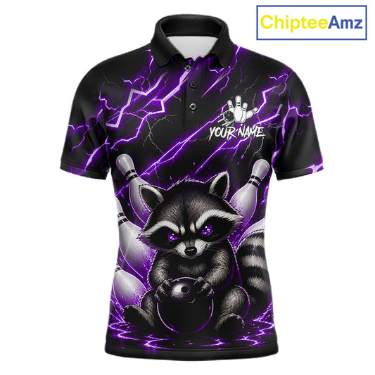 Purple neon lightning raccoon bowling polo shirt for men with custom bowling team graphics.