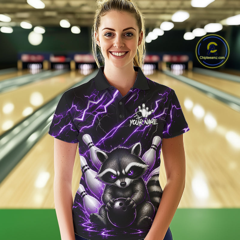 Woman wearing a purple neon lightning raccoon bowling polo shirt at a bowling alley front view.