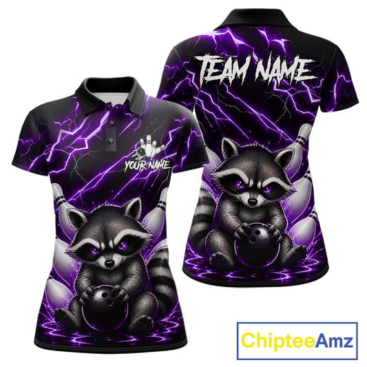 Purple neon lightning raccoon bowling polo shirt for women with custom bowling team graphics.