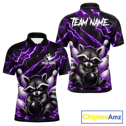 Purple neon lightning raccoon bowling polo shirt for men with custom bowling team graphics.