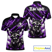 Load image into Gallery viewer, Purple neon lightning raccoon bowling polo shirt for men with custom bowling team graphics.