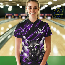 Load image into Gallery viewer, Woman wearing a purple neon lightning raccoon bowling quarter zip jersey during league competition front view.