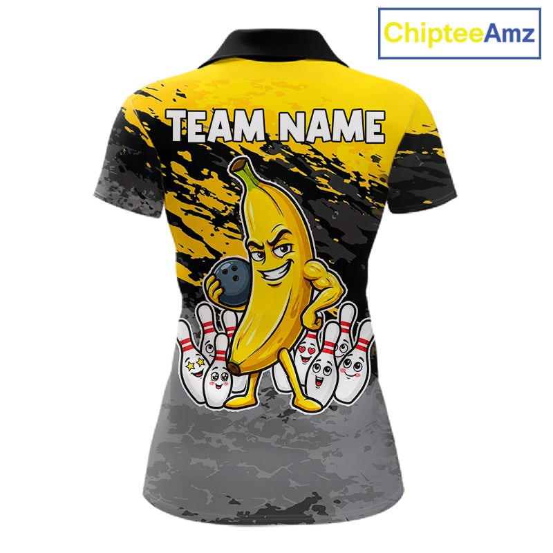 Yellow funny banana grunge bowling polo shirt for women with custom team graphics.
