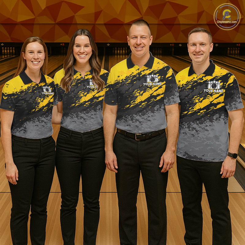 Bowling team wearing matching yellow funny banana bowling jerseys during tournament matches front view.