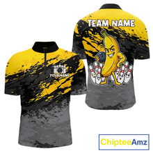 Load image into Gallery viewer, Yellow funny banana grunge bowling quarter zip shirt for men designed for league tournaments and team events.