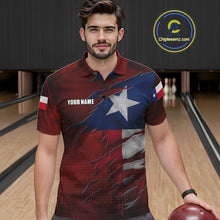 Load image into Gallery viewer, Man wearing a retro Texas flag bowling polo shirt at a bowling alley front view.