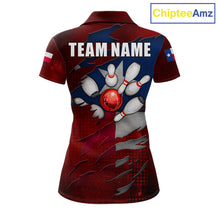 Load image into Gallery viewer, Retro Texas flag bowling polo shirt for women with custom bowling team graphics.