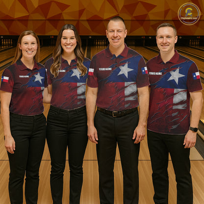 Bowling team wearing matching retro Texas flag bowling jerseys during team competition front view.