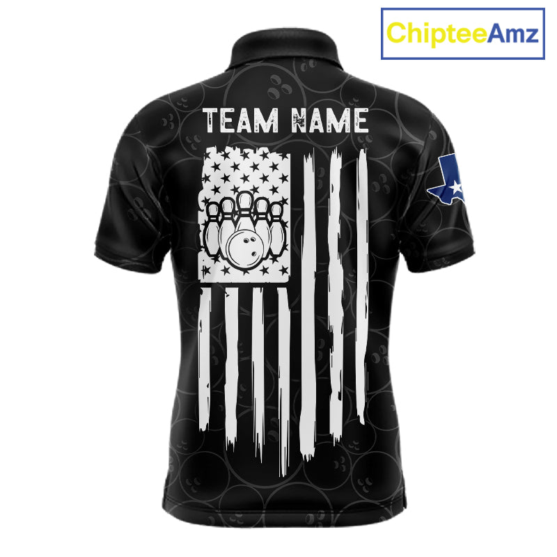 US flag Texas bowling polo shirt for men with patriotic bowling team graphics.