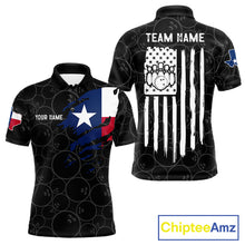 Load image into Gallery viewer, US flag Texas bowling polo shirt for men with patriotic bowling team graphics.