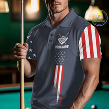 Load image into Gallery viewer, Man wearing personalized navy American flag 8 ball pool billiard polo shirt front view.
