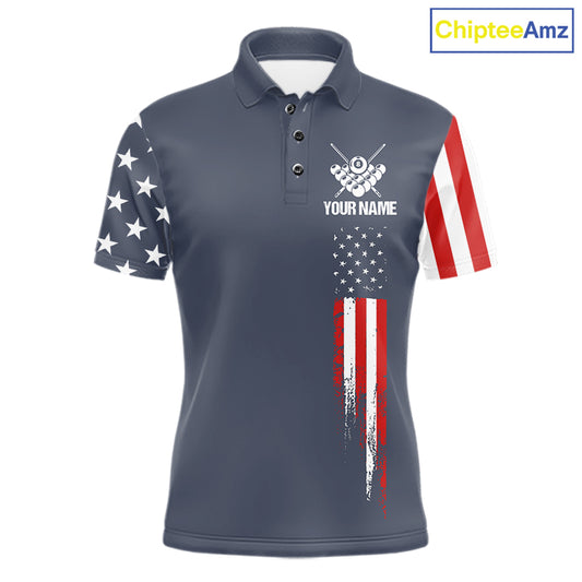 Personalized navy American flag 8 ball pool billiard team jersey polo shirt for men, custom patriotic pool league apparel and tournament jersey.